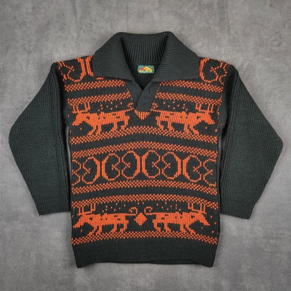 ALPS Sweater Mens Large Black Orange Shawl Collar Nordic Reindeer Knit‎ Pullover